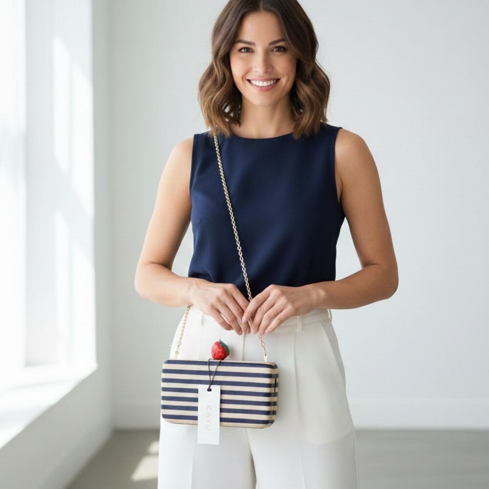 KAYU Blue Natural Stripe Straw Clutch Handbag